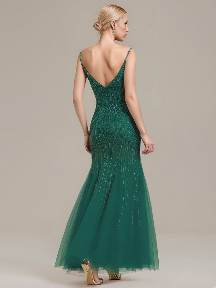 Sheer Sequin Sleeveless Evening Dress #color_Dark Green