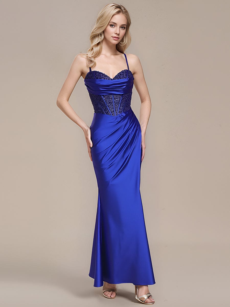 Tie Knot Satin Sleeveless Evening Dress #color_Sapphire Blue