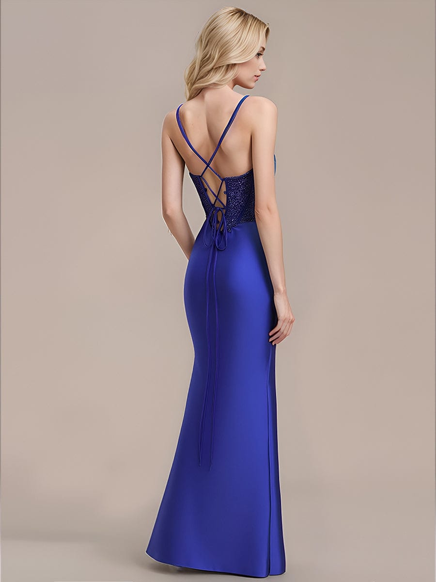 Tie Knot Satin Sleeveless Evening Dress #color_Sapphire Blue
