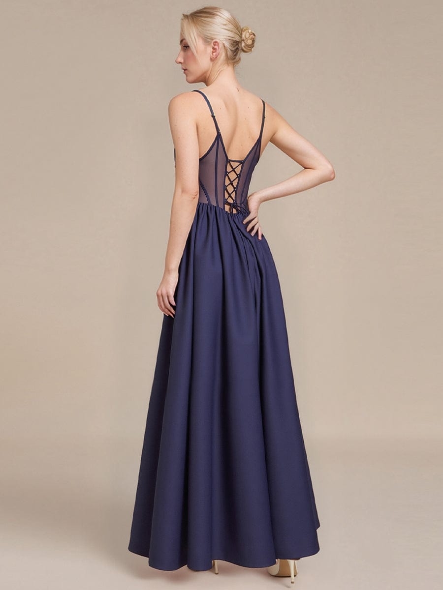 Tie Knot Satin Sleeveless Evening Dress #color_Navy Blue