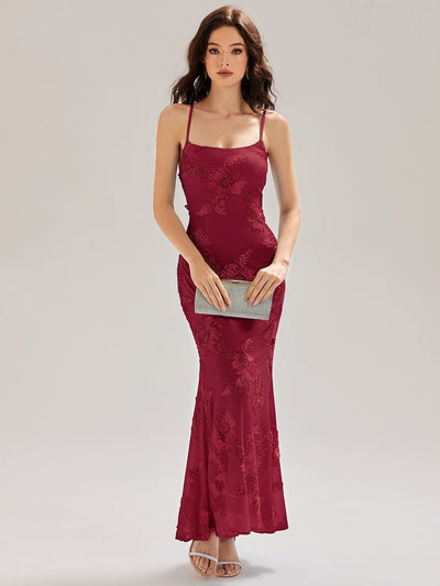 Mesh Sleeveless Mermaid Evening Dress #color_Burgundy