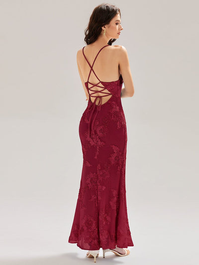 Mesh Sleeveless Mermaid Evening Dress #color_Burgundy