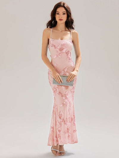 Mesh Sleeveless Mermaid Evening Dress #color_Pink
