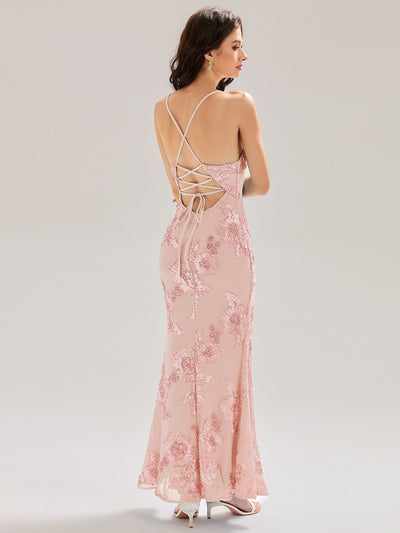 Mesh Sleeveless Mermaid Evening Dress #color_Pink