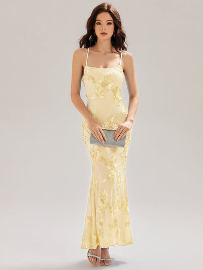 Mesh Sleeveless Mermaid Evening Dress #color_Yellow