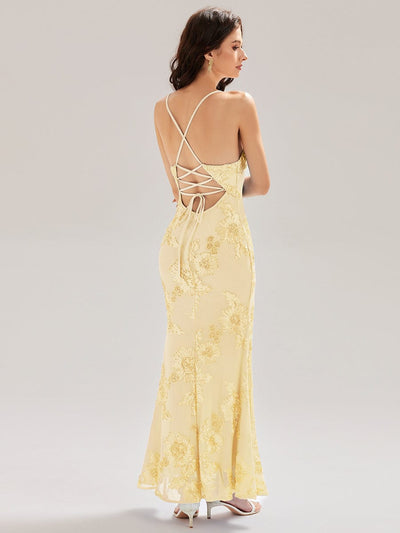 Mesh Sleeveless Mermaid Evening Dress #color_Yellow