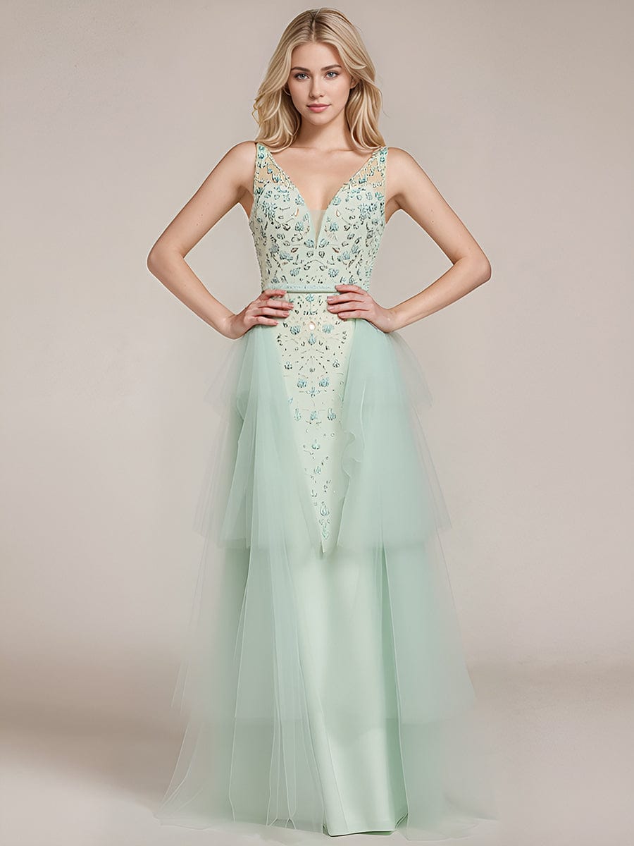 Deep V-neck Sequin Sleeveless Evening Dress #color_Ice Blue