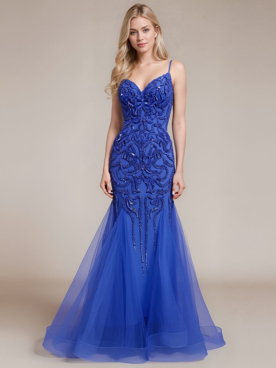 Deep V-neck Sequin Sleeveless Evening Dress #color_Sapphire Blue