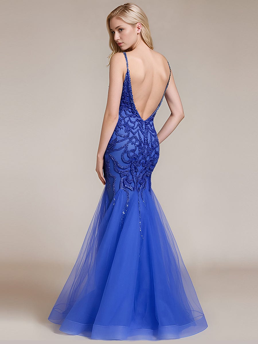 Deep V-neck Sequin Sleeveless Evening Dress #color_Sapphire Blue