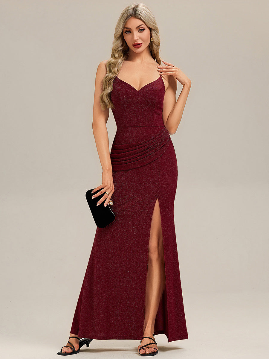 Rhinestone Embellished Knit Sleeveless Evening Dress #color_Burgundy