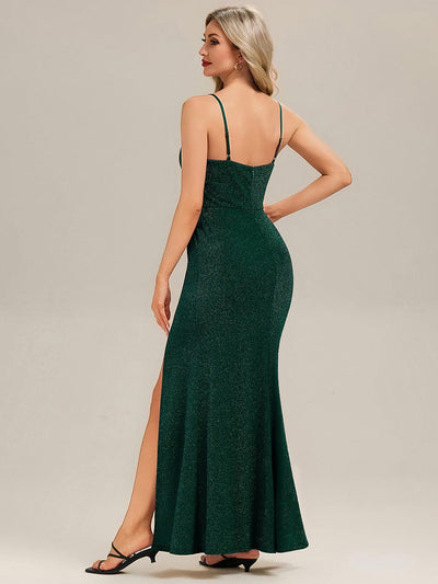 Rhinestone Embellished Knit Sleeveless Evening Dress #color_Dark Green