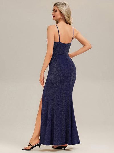 Rhinestone Embellished Knit Sleeveless Evening Dress #color_Navy Blue