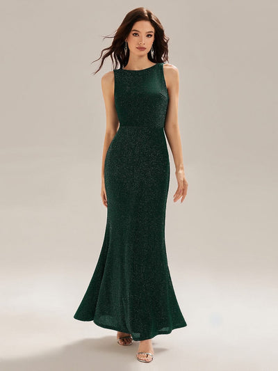Backless Knit Sleeveless Evening Dress #color_Dark Green