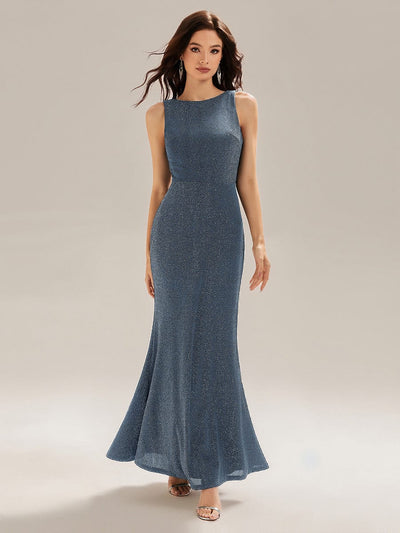 Backless Knit Sleeveless Evening Dress #color_Dusty Blue