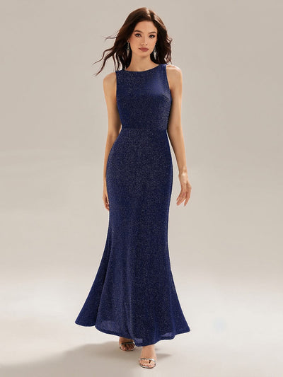 Backless Knit Sleeveless Evening Dress #color_Navy Blue