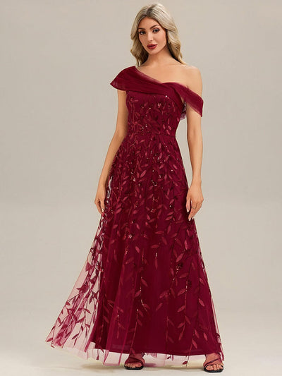 Patchwork Sequin Sleeveless Evening Dress #color_Burgundy