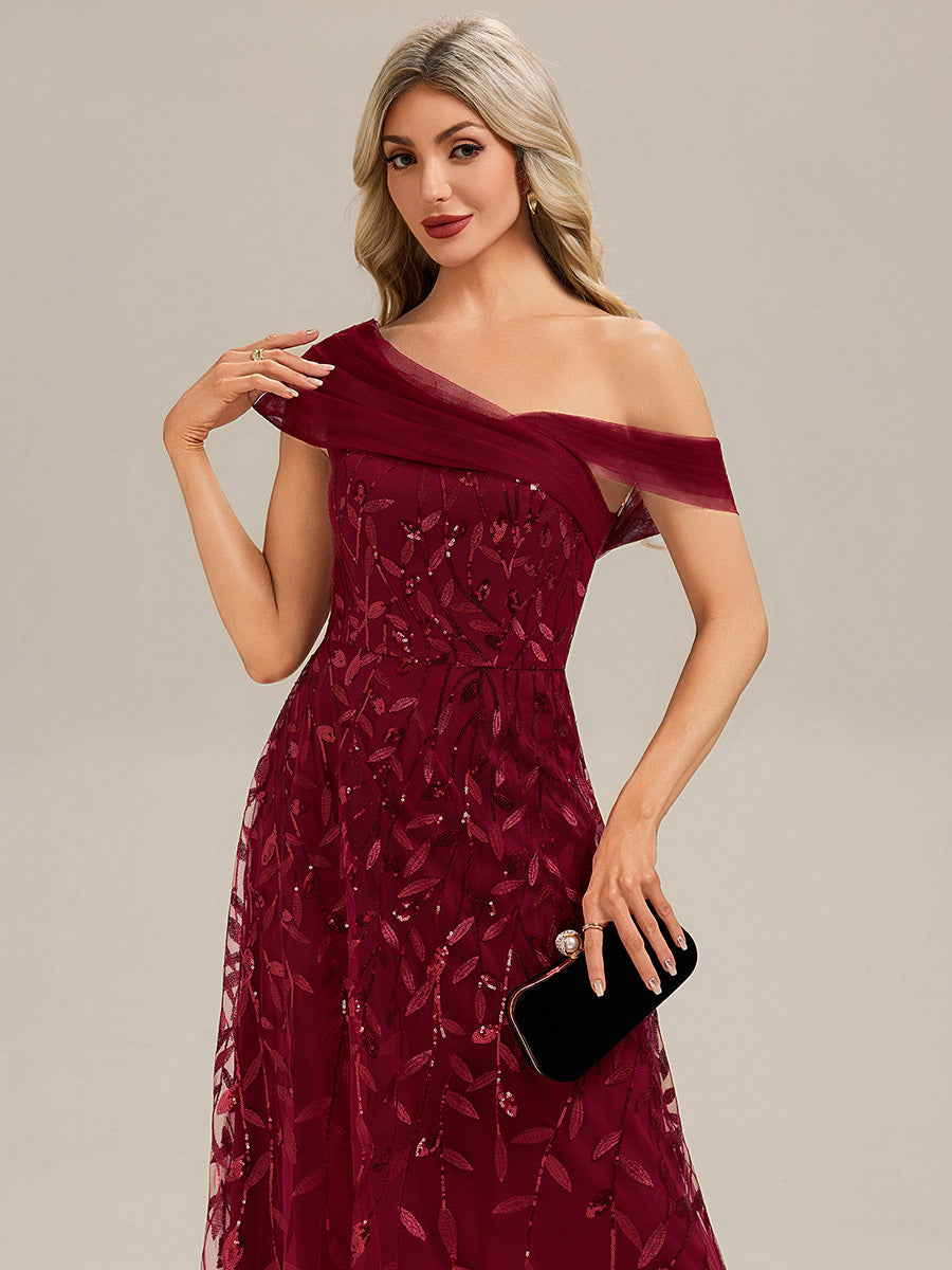 Patchwork Sequin Sleeveless Evening Dress #color_Burgundy
