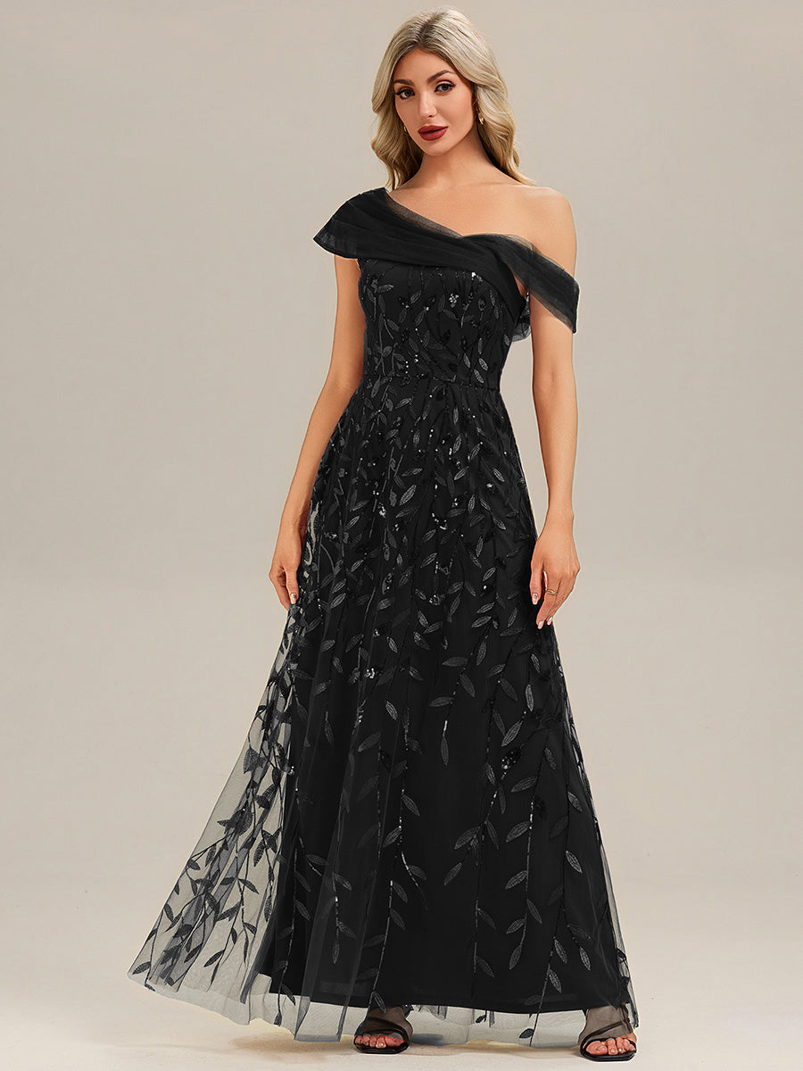 Patchwork Sequin Sleeveless Evening Dress #color_Black
