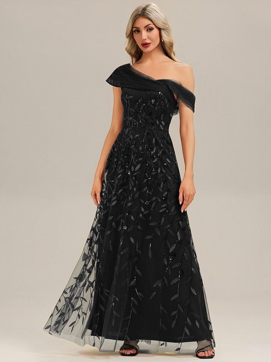 Patchwork Sequin Sleeveless Evening Dress #color_Black