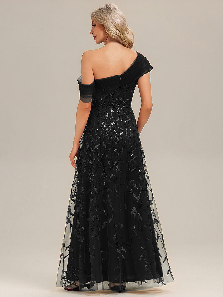 Patchwork Sequin Sleeveless Evening Dress #color_Black