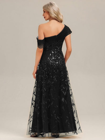 Patchwork Sequin Sleeveless Evening Dress #color_Black