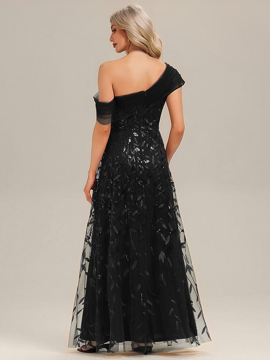 Patchwork Sequin Sleeveless Evening Dress #color_Black