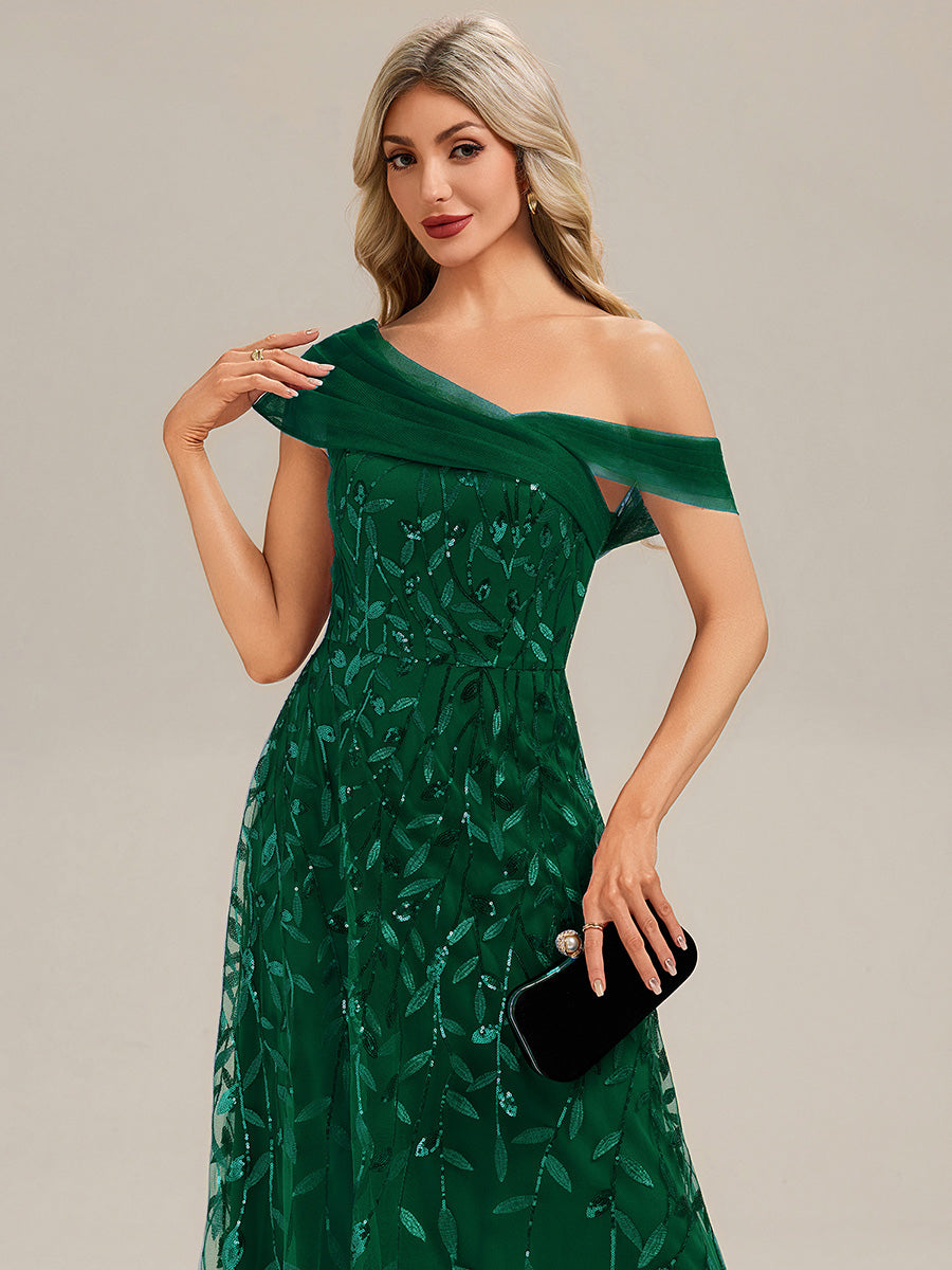 Patchwork Sequin Sleeveless Evening Dress #color_Dark Green