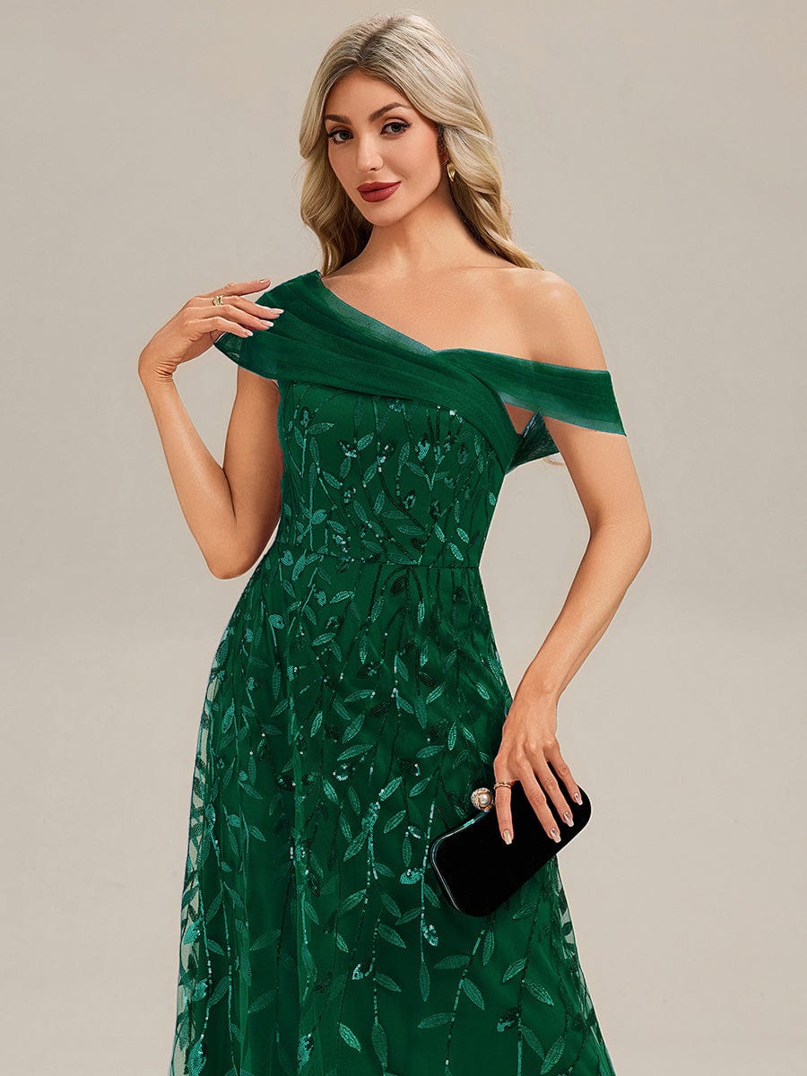 Patchwork Sequin Sleeveless Evening Dress #color_Dark Green