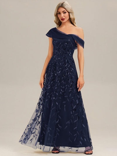 Patchwork Sequin Sleeveless Evening Dress #color_Navy Blue