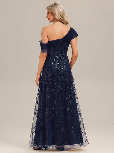 Patchwork Sequin Sleeveless Evening Dress #color_Navy Blue
