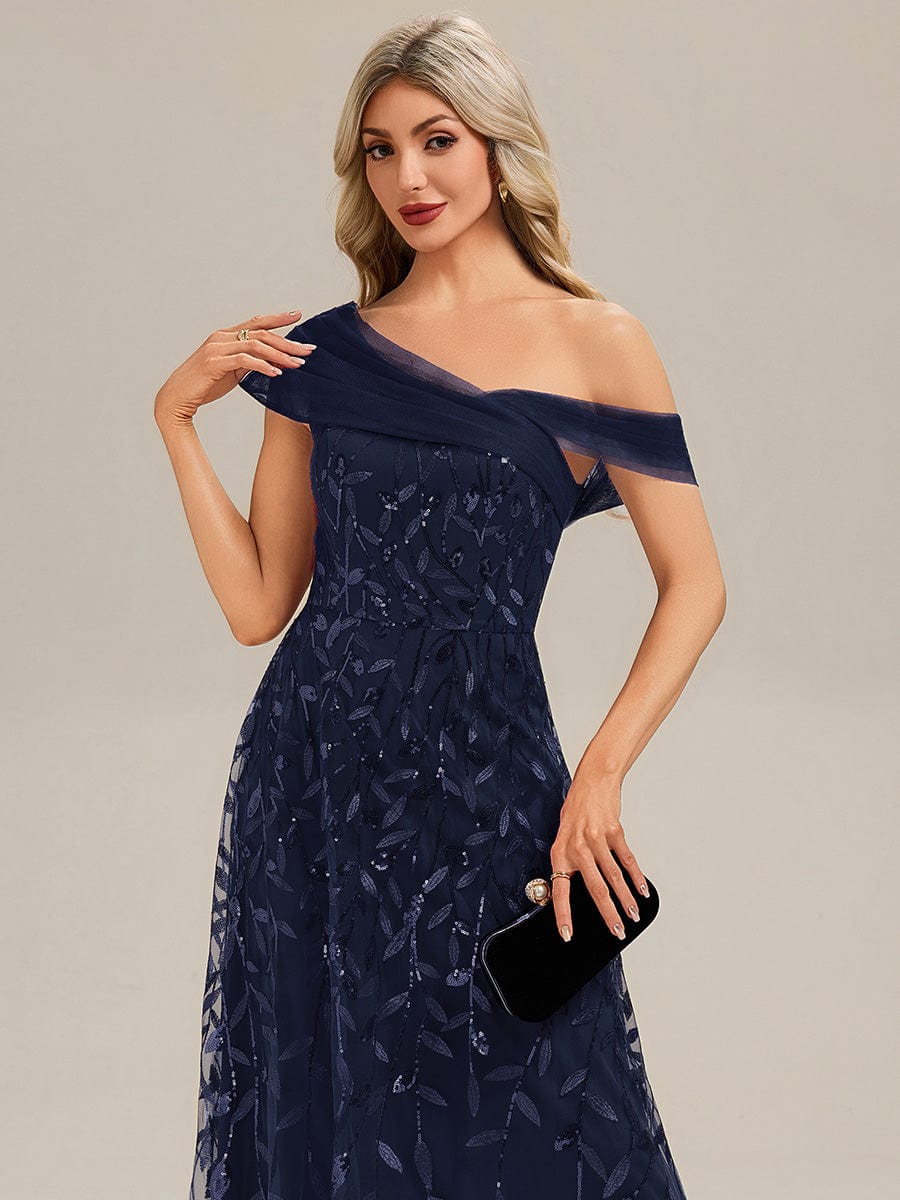 Patchwork Sequin Sleeveless Evening Dress #color_Navy Blue