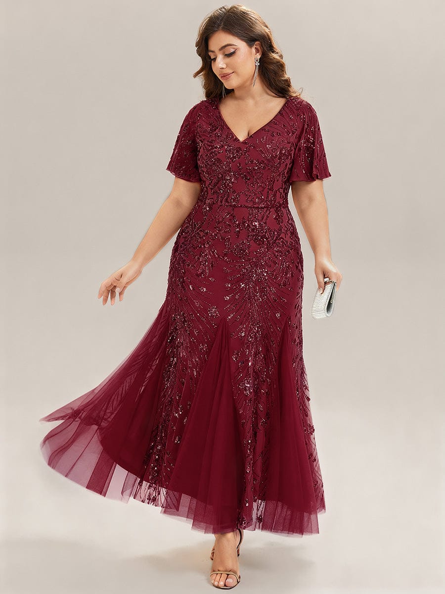 Embroidered Sequin Ruffle Sleeve Evening Dress #color_Burgundy