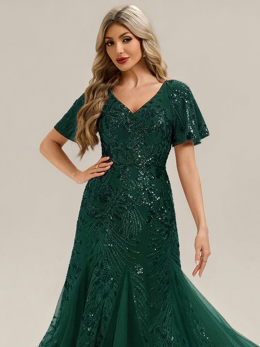 Embroidered Sequin Ruffle Sleeve Evening Dress #color_Dark Green