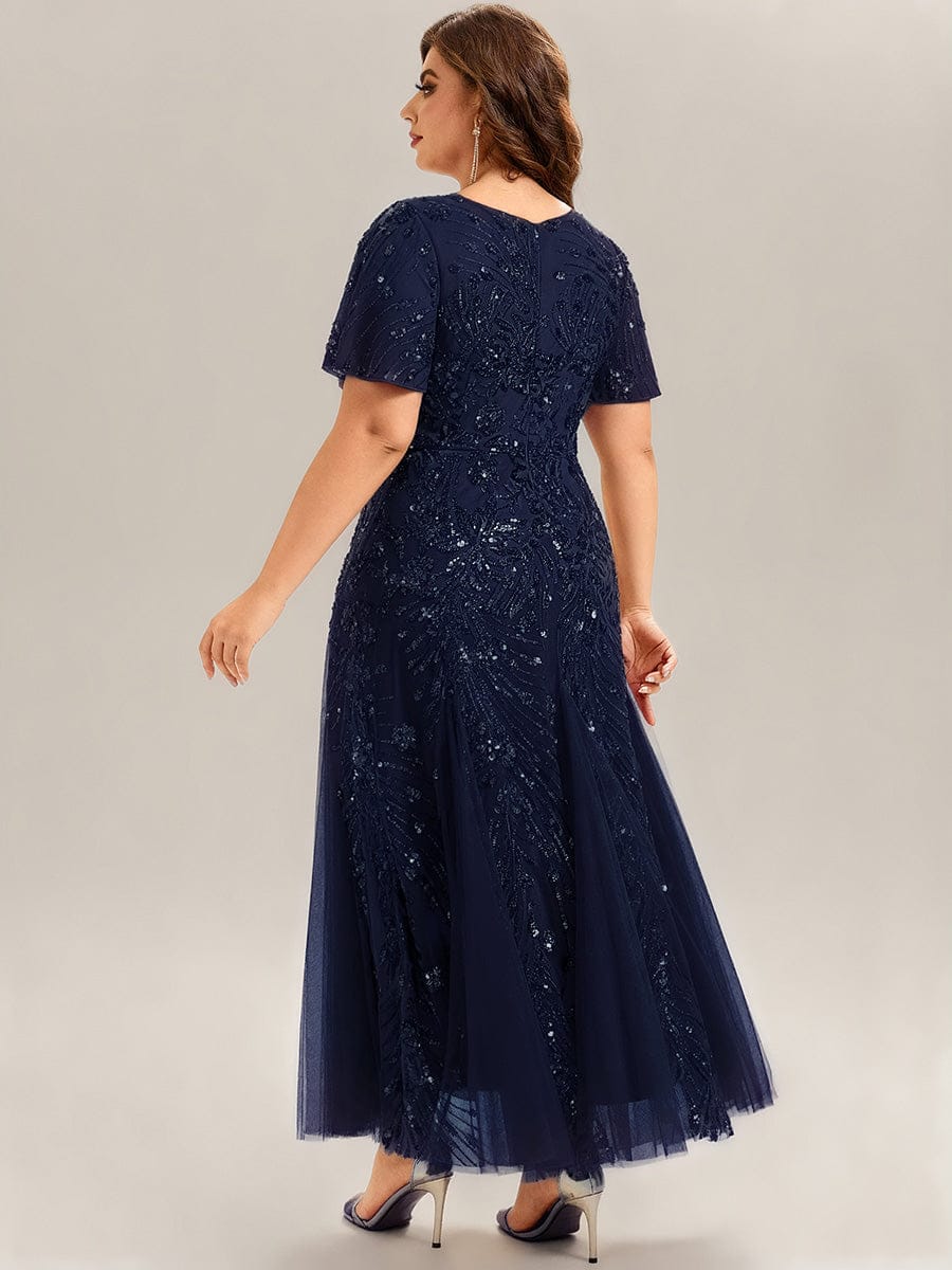 Embroidered Sequin Ruffle Sleeve Evening Dress #color_Navy Blue