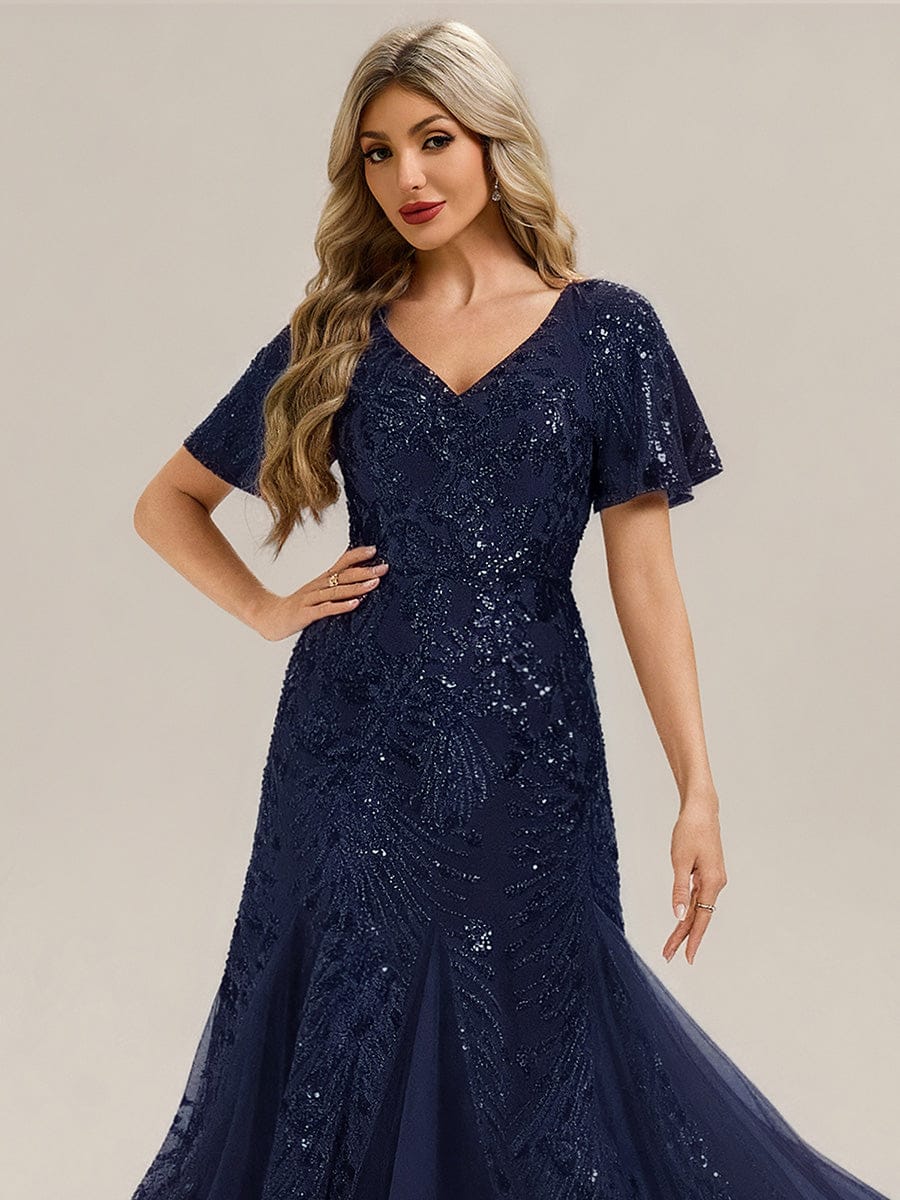 Embroidered Sequin Ruffle Sleeve Evening Dress #color_Navy Blue