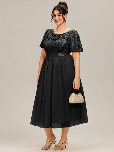 Deep V-Neck Sequin Ruffle Sleeve Evening Dress #color_Black