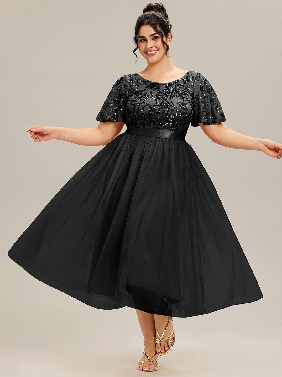 Deep V-Neck Sequin Ruffle Sleeve Evening Dress #color_Black