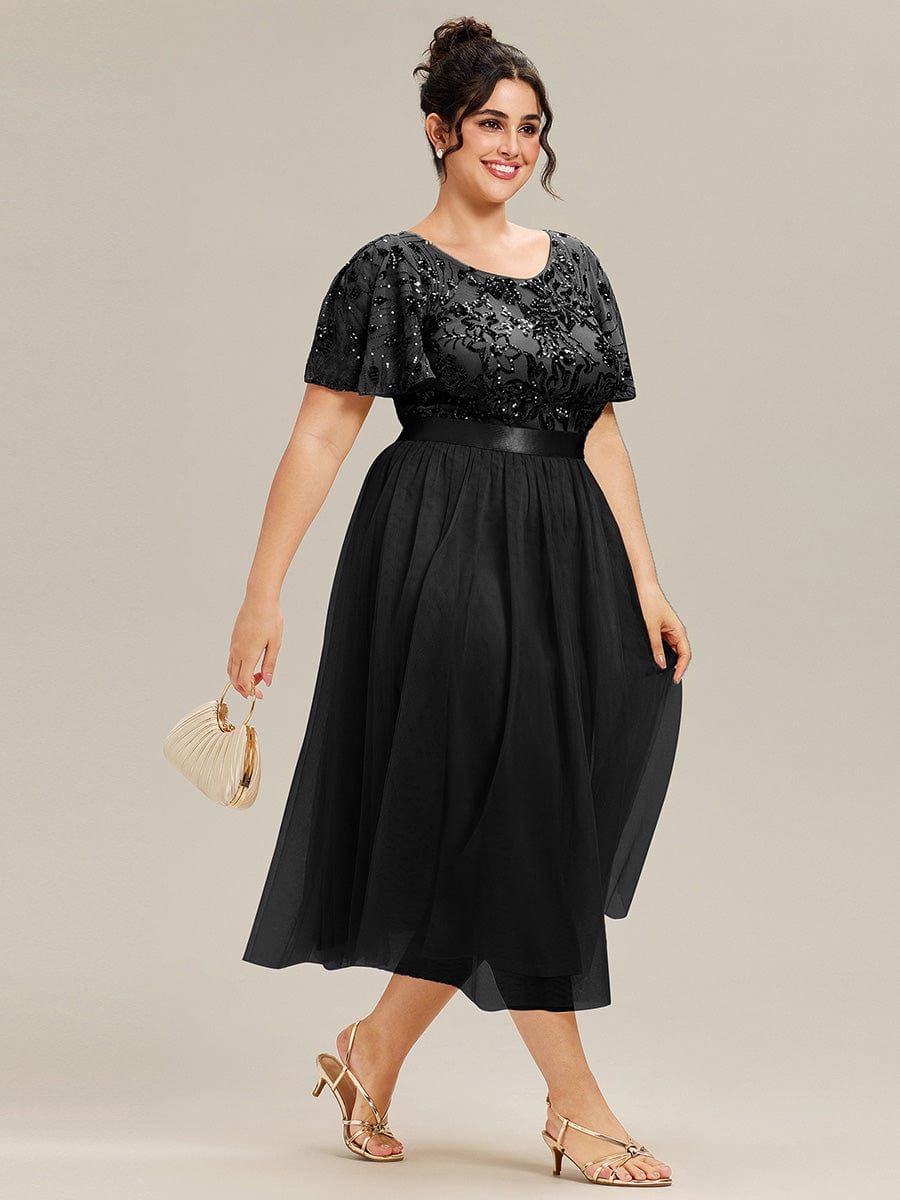 Deep V-Neck Sequin Ruffle Sleeve Evening Dress #color_Black