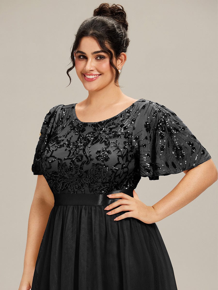 Deep V-Neck Sequin Ruffle Sleeve Evening Dress #color_Black