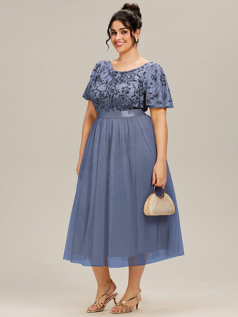 Deep V-Neck Sequin Ruffle Sleeve Evening Dress #color_Dusty Blue