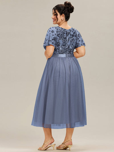 Deep V-Neck Sequin Ruffle Sleeve Evening Dress #color_Dusty Blue