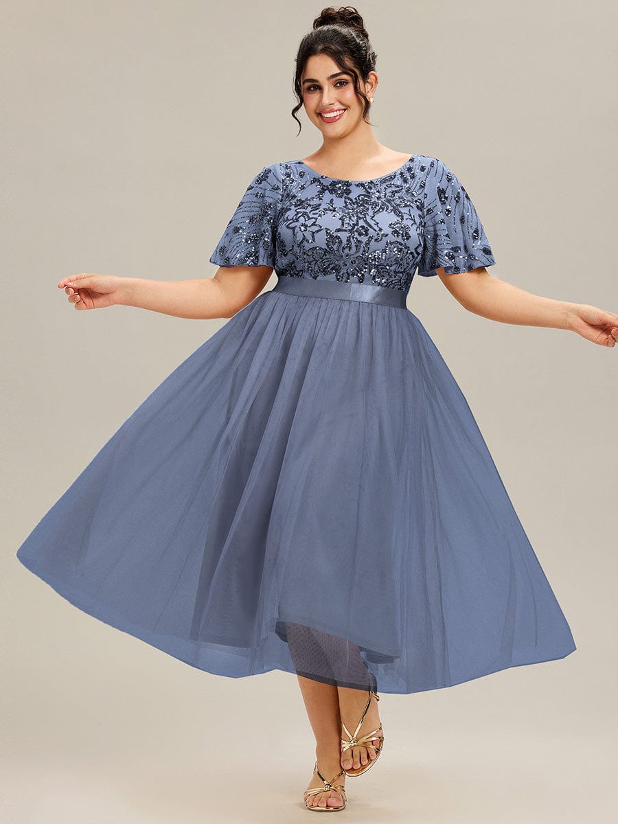 Deep V-Neck Sequin Ruffle Sleeve Evening Dress #color_Dusty Blue