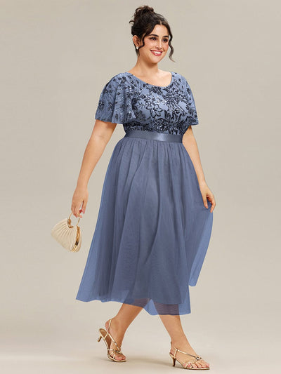 Deep V-Neck Sequin Ruffle Sleeve Evening Dress #color_Dusty Blue