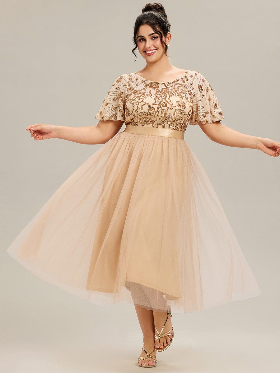 Deep V-Neck Sequin Ruffle Sleeve Evening Dress #color_Gold