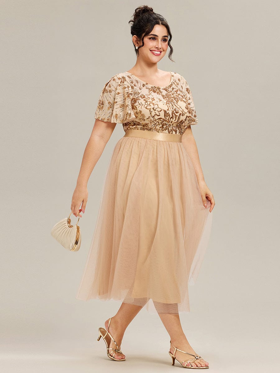 Deep V-Neck Sequin Ruffle Sleeve Evening Dress #color_Gold