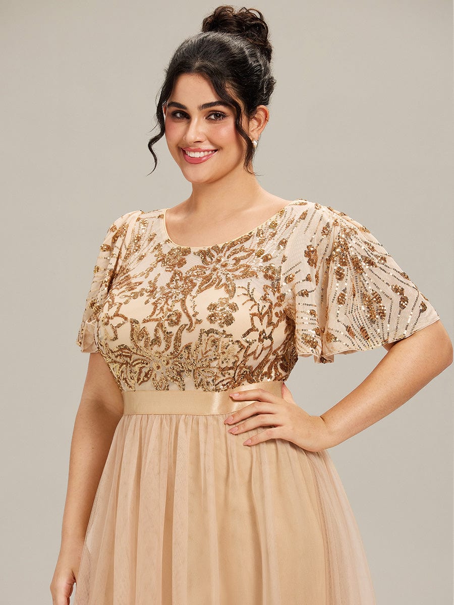 Deep V-Neck Sequin Ruffle Sleeve Evening Dress #color_Gold
