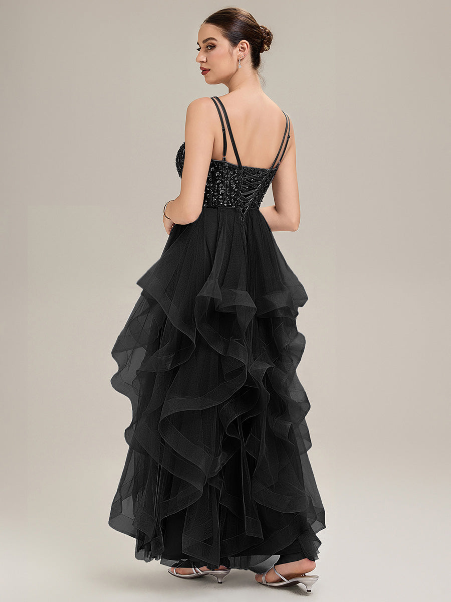 Tie-Front Mesh Sleeveless Evening Dress #color_Black
