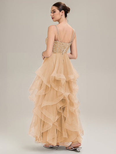 Tie-Front Mesh Sleeveless Evening Dress #color_Gold