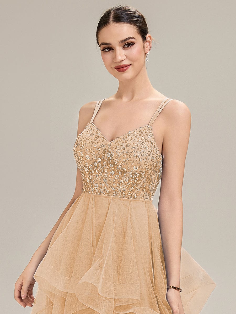 Tie-Front Mesh Sleeveless Evening Dress #color_Gold