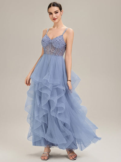 Tie-Front Mesh Sleeveless Evening Dress #color_Light Blue